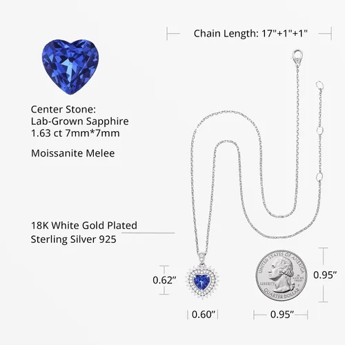 Miniatura 4 de Collar Heart of the Ocean Colgante de zafiro azul y moissanita cultivado en laboratorio, plata de ley 925 chapada en oro blanco de 18 quilates