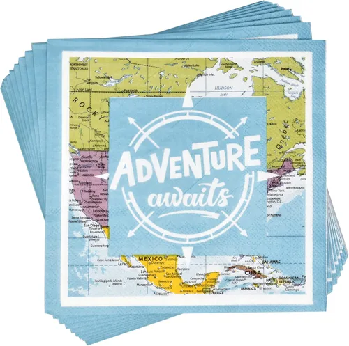 Miniatura 5 de Gift Boutique Juego de 96 piezas de suministros de fiesta Adventure Awaits - Juego de servilletas de papel para mapa del mundo, viaje a bordo