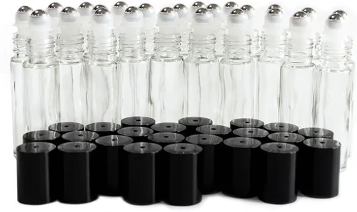 Miniatura 7 de Botellas de vidrio transparente de 0.3 fl oz con bolas de rodillo de acero inoxidable y tapas negras, paquete de 24 (transparente)