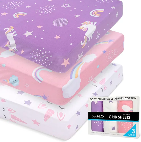 GROW WILD Sábanas bajeras ajustables para cuna de unicornio y arcoíris para niña (paquete de 3), sábana bajera de algodón de jersey suave, colchón