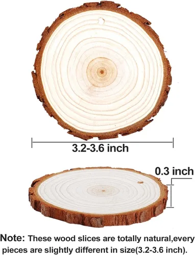 Miniatura 3 de wohohoho 32 piezas de 3.2-3.6 pulgadas de rebanadas de madera natural, kit de madera para manualidades sin terminar, preperforado con agujero