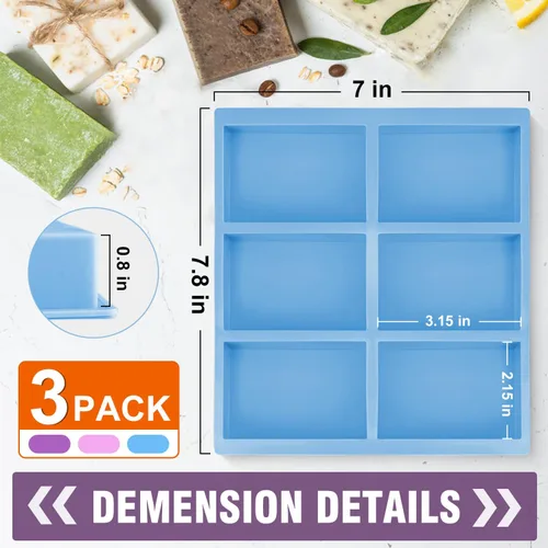 Miniatura 5 de Walfos Juego de 3 moldes de silicona para jabón, 6 cavidades, moldes rectangulares de silicona para jabón casero, pastel, chocolate y bandeja