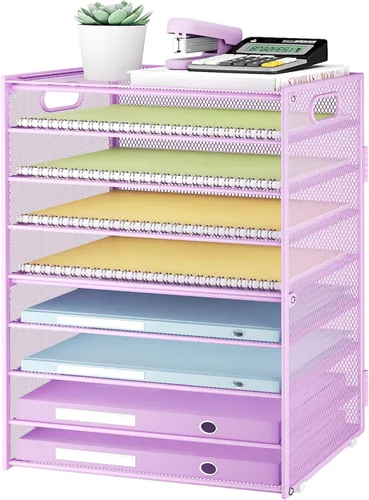 Miniatura 9 de SUBEKYU Organizador de papel de 9 niveles para escritorio, bandeja de cartas de malla de metal negro, organizador clasificador de papel de archivo