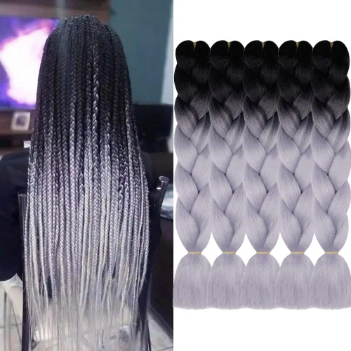 Extensiones de cabello trenzado color gris degradado, 5 unidades, trenzas sintéticas de 24 pulgadas, 2 tonos, cabello gris para trenzas de caja, #28