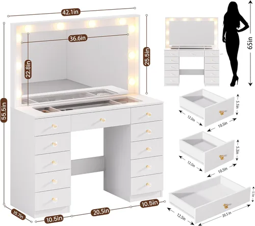 Miniatura 2 de DINGIPP Tocador con espejo grande y 10 luces LED, escritorio de tocador con tope de cristal, 11 cajones con asas de cristal, tocador con toma