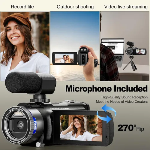 Miniatura 4 de NBD Videocámara de video 4K Ultra 48MP Vlogging Cámara para YouTube, videocámara digital con zoom 16X de 3.0 pulgadas IPS 270° con micrófono, luz