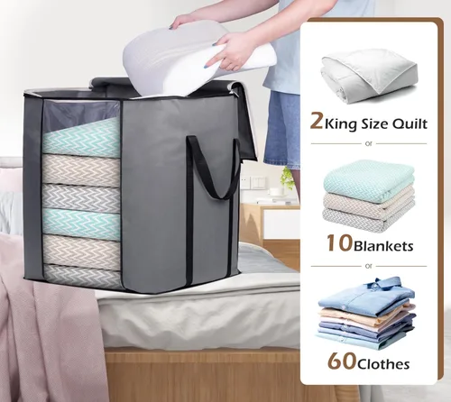 Miniatura 3 de SLEEPING LAMB Bolsas de almacenamiento de mantas extra grandes de 120 L, contenedores de almacenamiento de ropa transpirables para edredón King