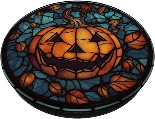 Miniatura 2 de Calabaza de Halloween vidrieras hojas de otoño negras PopSockets Standard PopGrip