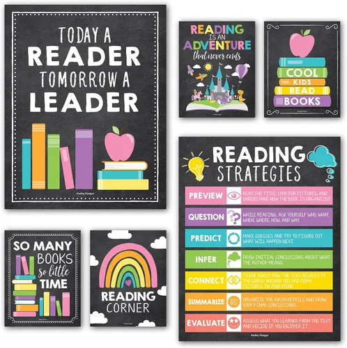 Miniatura 16 de Hadley Designs Pósteres de lectura para decoración de aula primaria y biblioteca, 6 decoraciones de esquina de lectura para decoraciones de aula