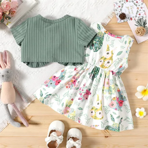 Miniatura 2 de PATPAT Conjunto de 2 piezas de vestido y cárdigan para niñas pequeñas, estampado de girasol, vestido sin mangas y cárdigan de manga larga
