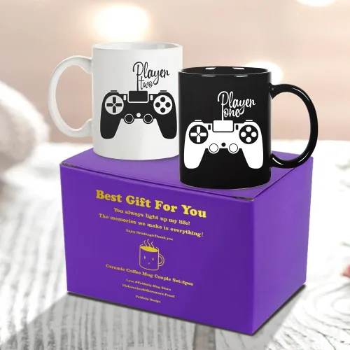 Miniatura 5 de Fatbaby Taza para parejas Player One Player Two Gamer, regalos para parejas, regalos para novio, novia, día de San Valentín, aniversario, Jugador 1