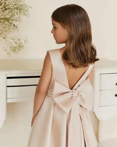 Miniatura 16 de MCieloLuna Vestidos de niña de flores para boda con nudo de lazo elegante de satén para primera comunión
