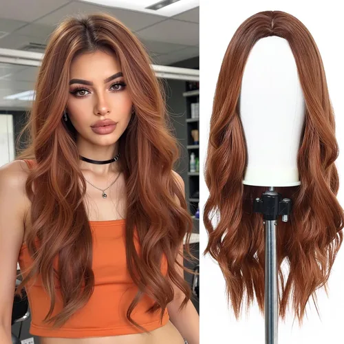 Esmee Pelucas largas de color castaño rojizo ombré para mujer, peluca de cabello sintético ondulado y rizado natural para uso diario, fiestas,