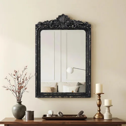 Miniatura 4 de Espejo vintage negro para tocador de 24 x 36 pulgadas, para colgar en la pared, espejos góticos de madera envejecida con detalles de cuentas, espejo