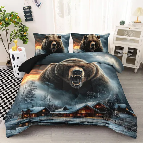 Miniatura 13 de AILONEN Lindo juego de edredón de oso tamaño individual, juego de ropa de cama Kawaii de oso de peluche marrón para niños y niñas, edredón suave