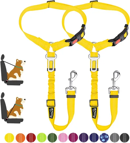 Miniatura 16 de SlowTon Cinturón de seguridad para perro para automóvil, paquete de 2 cinturones de seguridad ajustables con amortiguador elástico elástico, 2 en 1