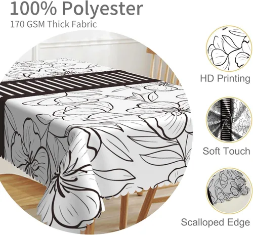 Miniatura 3 de Mantel rectangular floral de 52 x 70 pulgadas, color blanco y negro, estampado floral, a prueba de derrames y aceite, para cocina, comedor