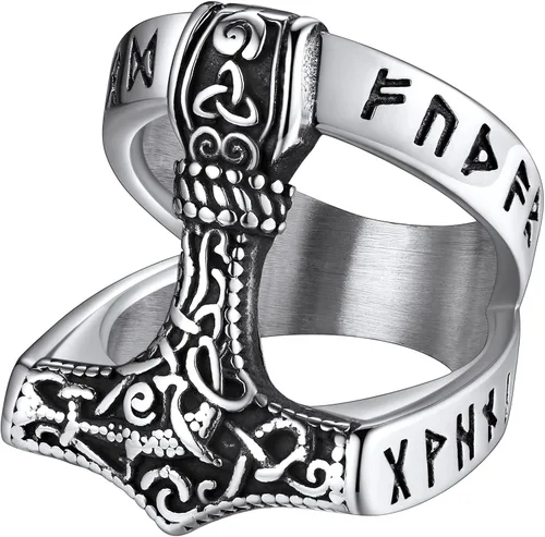 FaithHeart Norse Viking Jewelry - Anillo de acero inoxidable de guerrero para hombre con diseño vikingo de cabeza de lobomartillo de Thor,