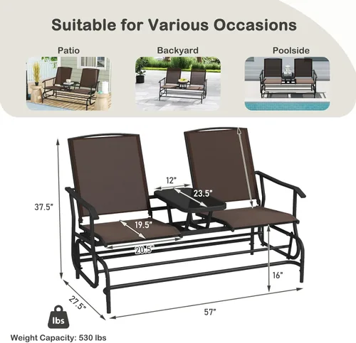 Miniatura 3 de Tangkula Silla mecedora para 2 personas, sofá biplaza mecedora para patio con mesa central de vidrio templado, banco de columpio para exteriores