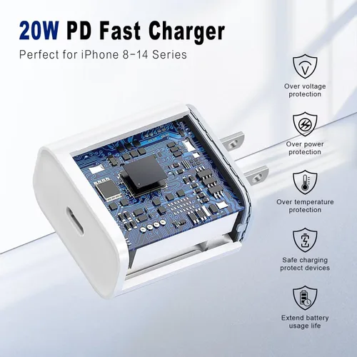Miniatura 2 de Bloque de carga rápida USB C de 20 W PD para iPhone, paquete de 2 bloques de carga de pared tipo C con cable USB C a Lightning de 6 pies compatible