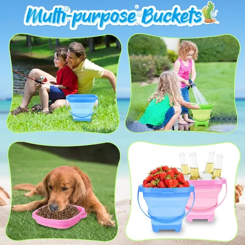 Miniatura 6 de RACPNEL Juguetes de playa plegables para niños, set de 3 cubos de arena y palas plegables con bolsa de malla, cubetas de silicona para elementos
