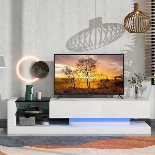 Miniatura 26 de Soporte de TV versátil de alto brillo con luces LED que cambian de color y 2 estantes de vidrio templado, centro de entretenimiento para televisores