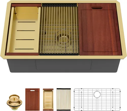 Sarlai Fregadero de cocina empotrado de 30 pulgadas dorado - Fregadero de cocina de 76,2 cm x 45,7 cm con repisa para estación de trabajo de acero