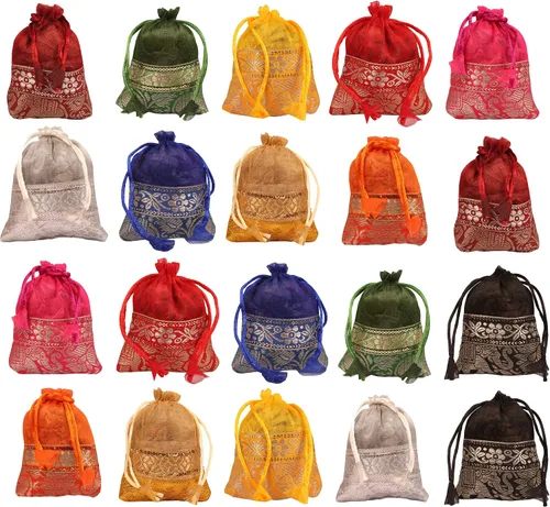 Miniatura 13 de Touchstone Preciosas bolsas de regalo reutilizables, respetuosas con el medio ambiente, brocado de cachemira con cordón grande para cumpleaños