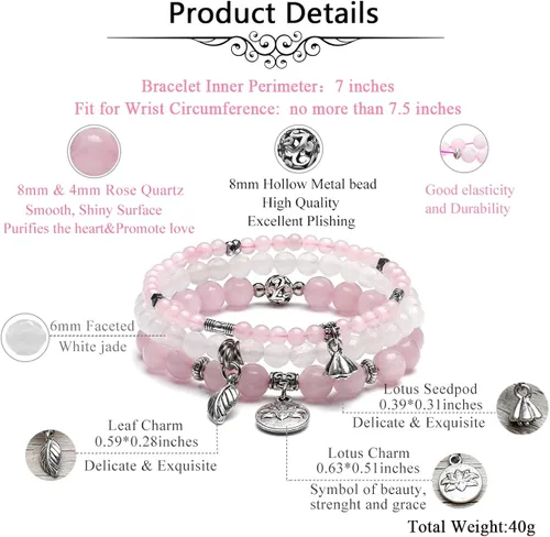 Miniatura 5 de Jovivi - 3 pulseras de cuentas de cristal de cuarzo rosa amatista para chakras, energía natural de curación, cuentas de loto, piedra reiki