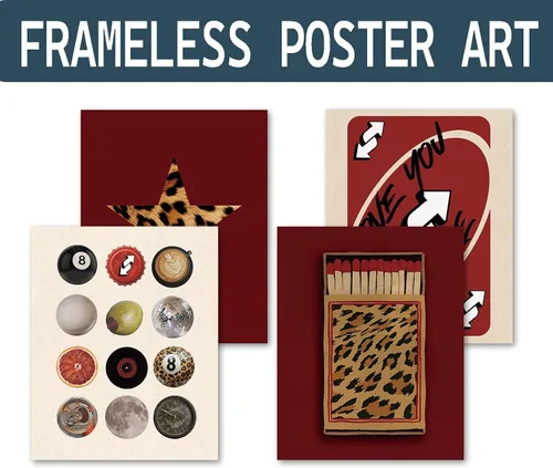 Miniatura 2 de KDHTY Juego de 4 Impresiones Artísticas de Pared Retro Rojas de Moda, Pósters de Arte de Pared Funky Retro Y2K Leopardo Caja de Cerillas Estrella