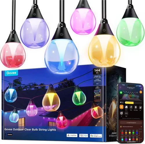 Miniatura 10 de Govee Guirnalda de luces transparentes para exteriores, 96 pies, RGBWIC regulables, luces de patio y patio trasero con 30 bombillas LED, 111 modos