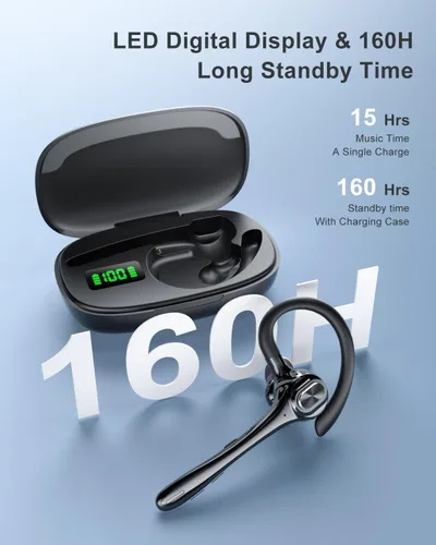 Miniatura 3 de Auriculares inalámbricos con Bluetooth, auriculares de botón con cancelación de ruido, micrófono manos libres, tiempo de espera de 160H, auriculares