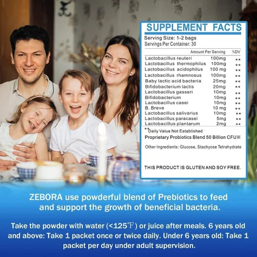 Miniatura 5 de ZEBORA Probióticos para mujeres, hombres y niños a partir de 3 años, prebióticos y probióticos en polvo para la salud digestiva e inmunológica