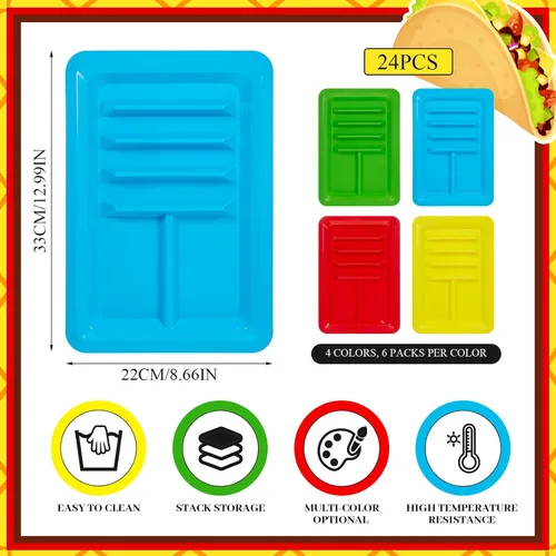 Miniatura 2 de Uiifan 4 platos mexicanos de plástico para fiestas de cumpleaños con divisor de pie para 3 tacos y 2 áreas de inmersión, bandejas para Cinco