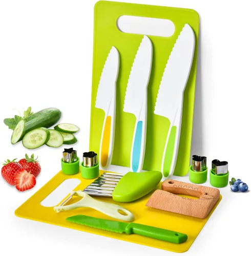 Montessori - Cuchillos infantiles para cocina real, juego de 13 piezas de cuchillos de cocina de madera para niños, incluye 4 cuchillos de plástico
