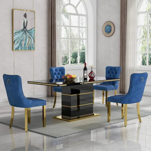 Miniatura 15 de Juego de 5 mesas de comedor negras brillantes para 4, mesa de cocina moderna de madera de alto brillo con 4 sillas de terciopelo beige, mesas