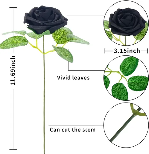 Miniatura 2 de 25 rosas artificiales negras con tallo largo, de espuma falsa con sensación real, para decoración, ramos de boda, centros de mesa, ducha de novia