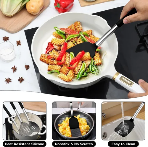 Miniatura 5 de Onader Juego de utensilios de cocina, 15 piezas de utensilios de cocina de silicona con soporte y mango de acero inoxidable resistente al calor