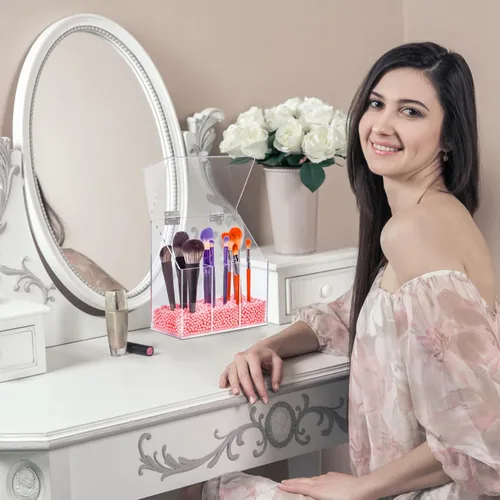 Miniatura 7 de LOHRYVIO Soporte acrílico para brochas de maquillaje con tapa abatible inclinada, organizador de brochas de maquillaje transparente a prueba