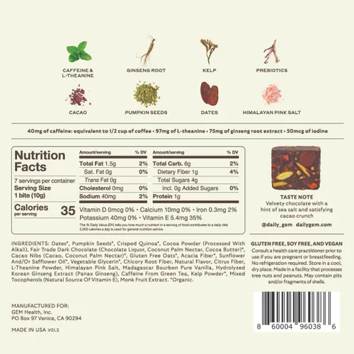 Miniatura 8 de GEM Energy Caffeinated Bite Energía Holística y Sostenida Apoya el Metabolismo, la Estamina y la Resistencia 40 mg de Cafeína, Raíz