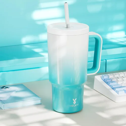 Miniatura 8 de Meoky - Vaso de 30 oz con asa, tapa y pajilla, taza de viaje térmica de acero inoxidable 100% a prueba de fugas, para portavasos, mantiene el frío