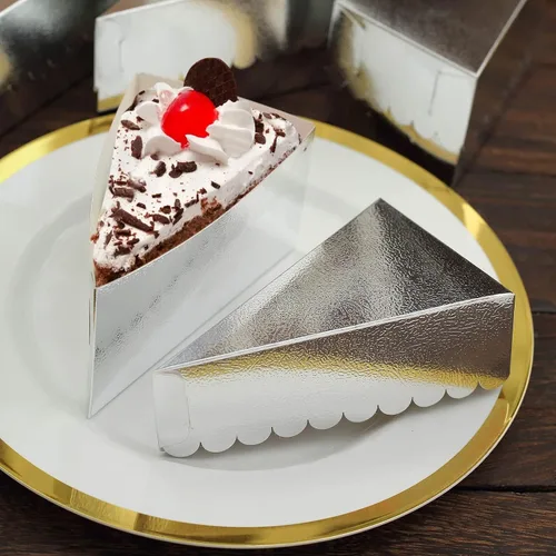 Miniatura 8 de Efavormart - Paquete de 10 cajas de postre de papel triangular de papel de aluminio plateado de 5 x 3 pulgadas, caja de una sola porción con parte