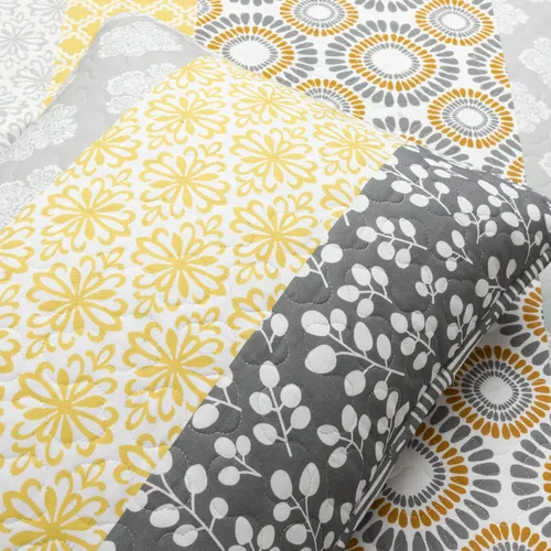 Miniatura 6 de Lush Decor Juego de colcha reversible de algodón con diseño bohemio a rayas, juego de 3 piezas, matrimonial/reina, amarillo y gris - Juego de ropa