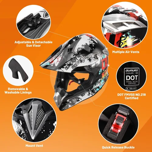 Miniatura 2 de OUMURS DOT Casco de Dirt Bike para Adultos con Gafas, Guantes y Máscara, Visera Solar Ajustable, Casco de Motocicleta ATV Todoterreno Motocross