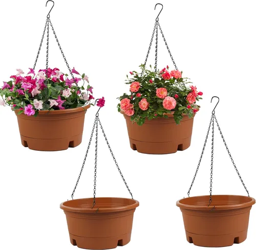 Miniatura 8 de Macetas colgantes de 10 pulgadas para plantas de interior, paquete de 4 cestas colgantes de plástico con bandejas extraíbles y cadena de 15.7