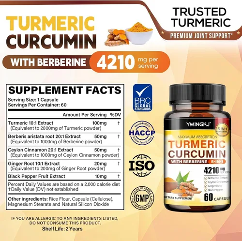 Miniatura 7 de Suplemento de curcumina de cúrcuma con pimienta negra y botánicos bioactivos, cúrcuma, jengibre, berberina, canela de Ceilán, suplemento premium