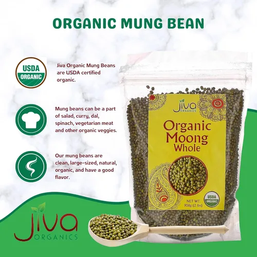 Miniatura 2 de Jiva Organics Frijoles de Mung Orgánicos Enteros 4 LB Bolsa GRANDE - Frijol Verde de Mung