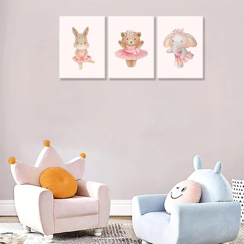 Miniatura 8 de 3 piezas de lienzo de animales de bailarina rosa, arte de pared, lindo elefante, conejo, oso, decoración de pared, imágenes de guardería, habitación