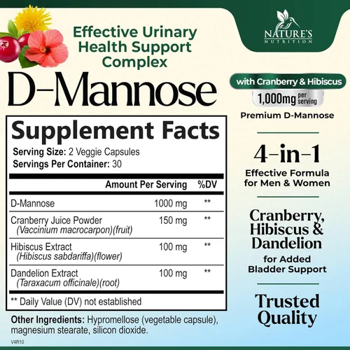 Miniatura 2 de D-manosa 1000 mg por porción – Arándano e hibisco – Eficaz de acción rápida, elimina las impurezas para la vejiga, suplemento de apoyo a la salud