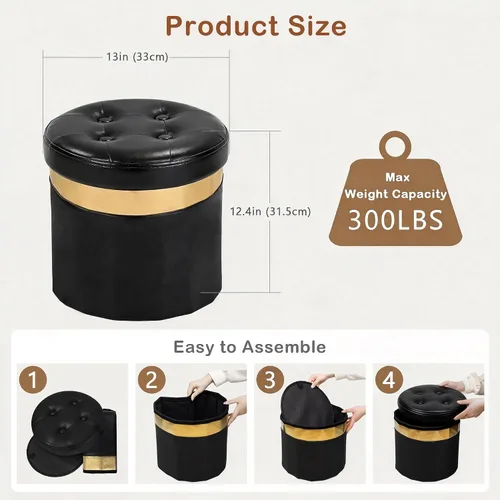 Miniatura 3 de Xuperbonus Otomana Pequeña con Almacenamiento, Otomana Redonda Plegable con Borde Dorado, Taburete de Almacenamiento de Terciopelo, Taburete